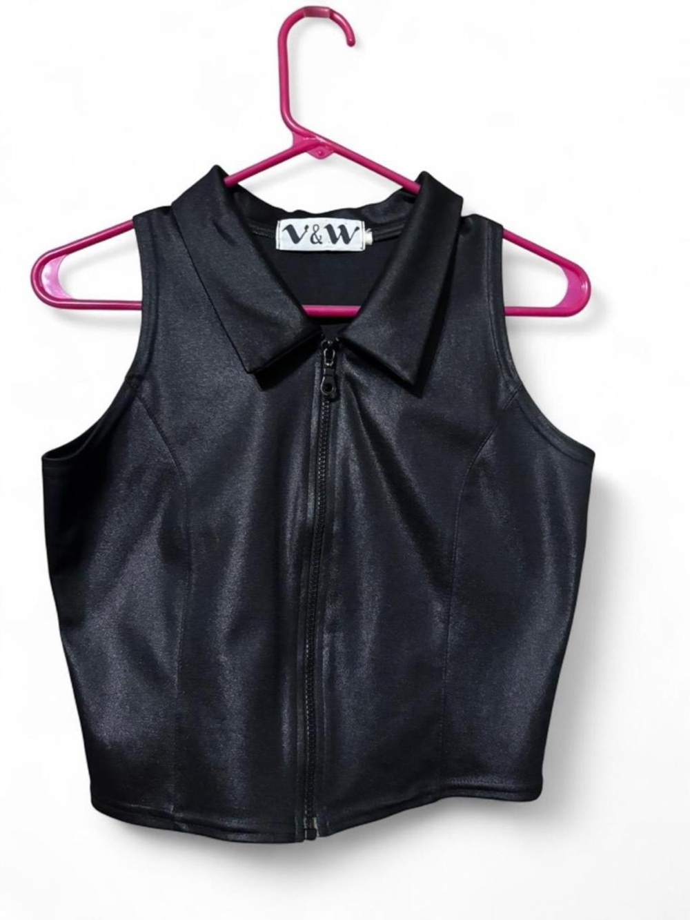 Vintage V&W Black Faux Leather Zip Front Crop Top